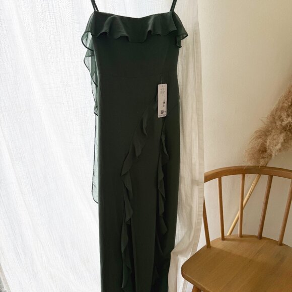 Brand New Barbie x Azazie Chiffon Ruffle Column Dress with Leg Slit Eucalyptus - Picture 6 of 8